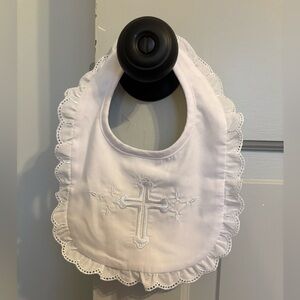 NWOT White Ruffled Baby Bib with Cross Embroidery baptism, Easter Christening
